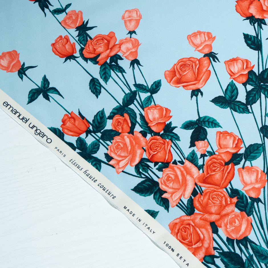 Coral Pink Rose Printed Blue Silk Grosgrain Faille