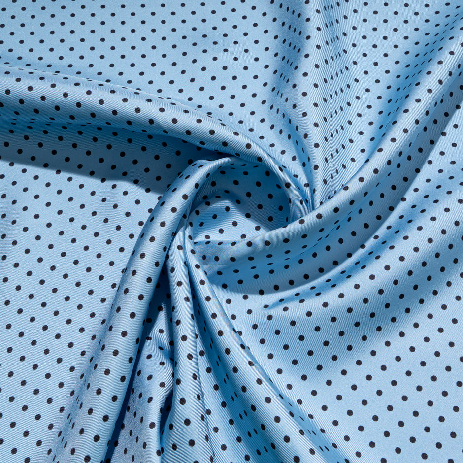 Small Black Spotted Sky Blue Pure Silk Twill