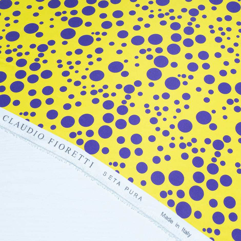 Purple Spot Printed Canary Yellow Silk Satin