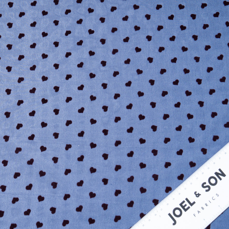 Black Flocked Heart Midnight Blue Silk Georgette