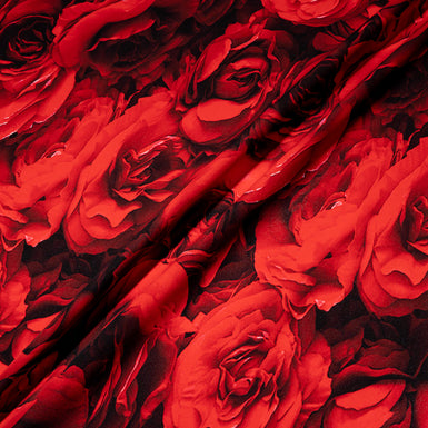Red Rose Printed Black Silk Sable Crêpe