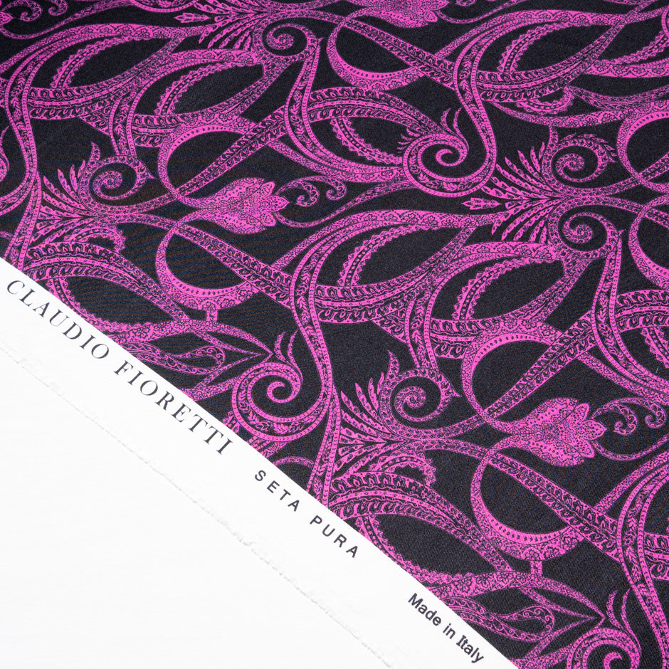 Magenta Pink Patterned Pure Silk Twill