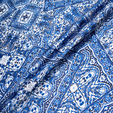 Blue 'Tile' Printed Pure White Silk Twill