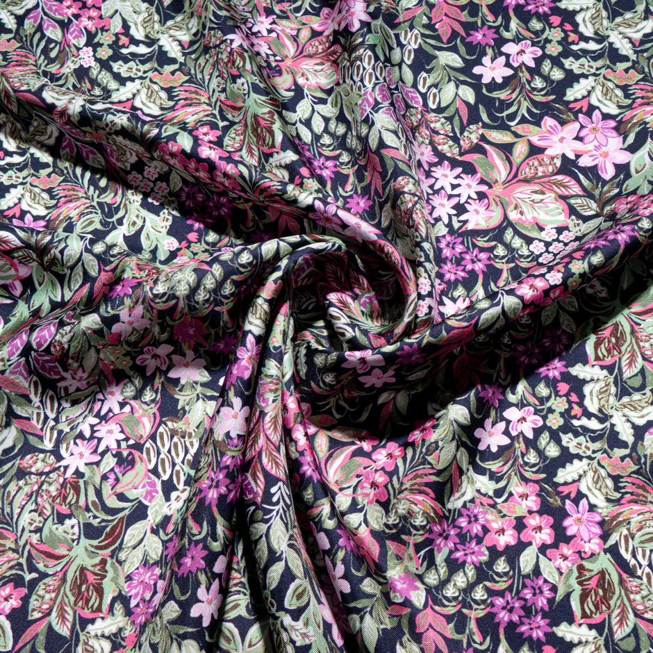 Pretty Pink Floral Printed Midnight Pure Silk Twill