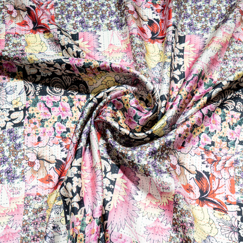Patchwork Floral Printed Pure Silk Twill