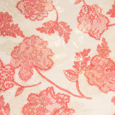 Coral Chantilly Lace Printed Metallic Cotton Voile