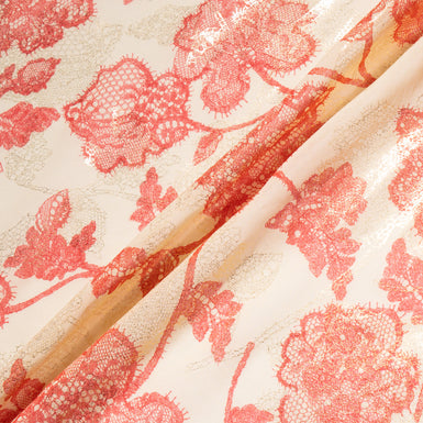 Coral Chantilly Lace Printed Metallic Cotton Voile
