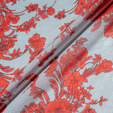 Red Floral & Mesh Printed Cotton Voile