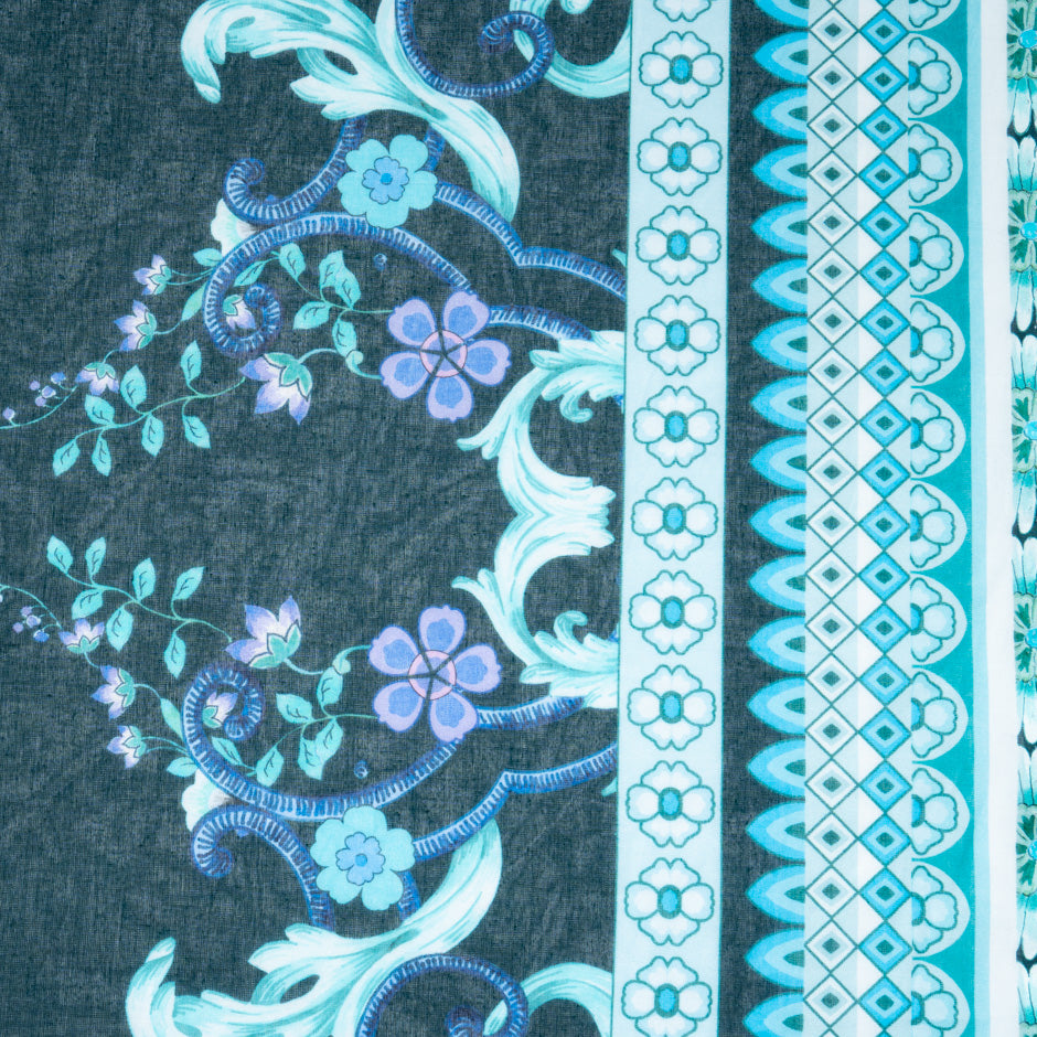 Teal & Lavender Floral Printed Pure Cotton Voile