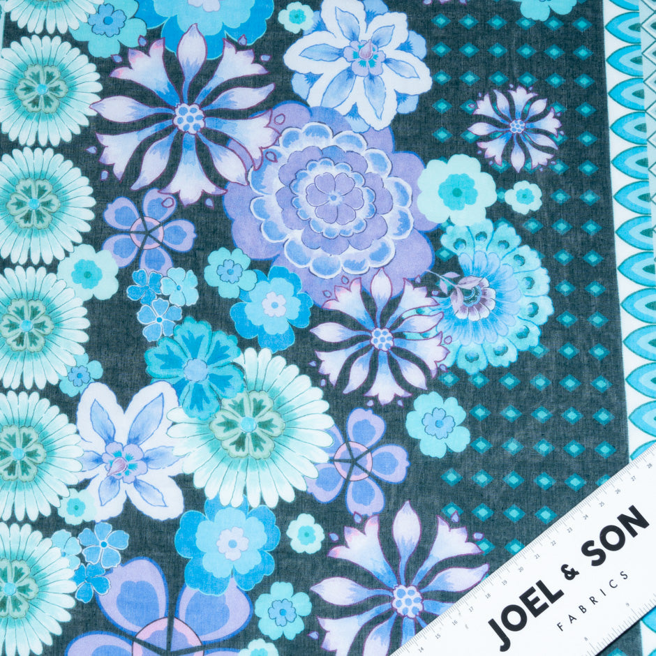 Teal & Lavender Floral Printed Pure Cotton Voile