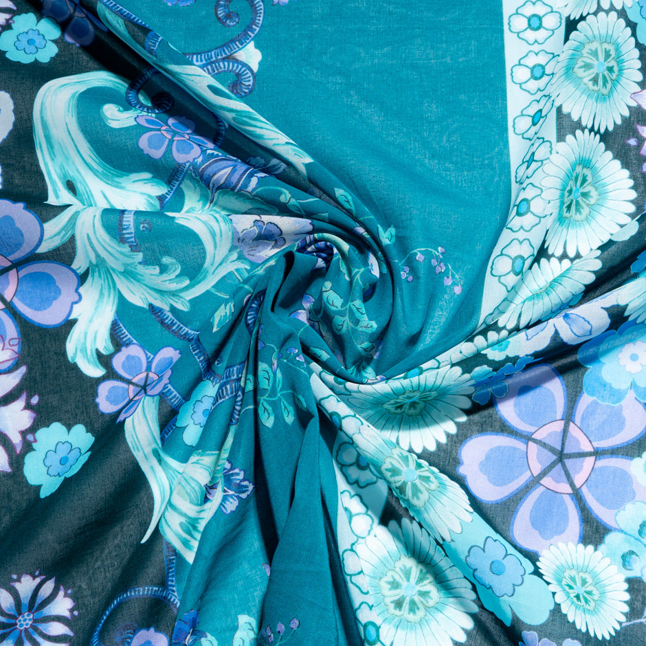 Teal & Lavender Floral Printed Pure Cotton Voile