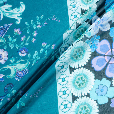 Teal & Lavender Floral Printed Pure Cotton Voile