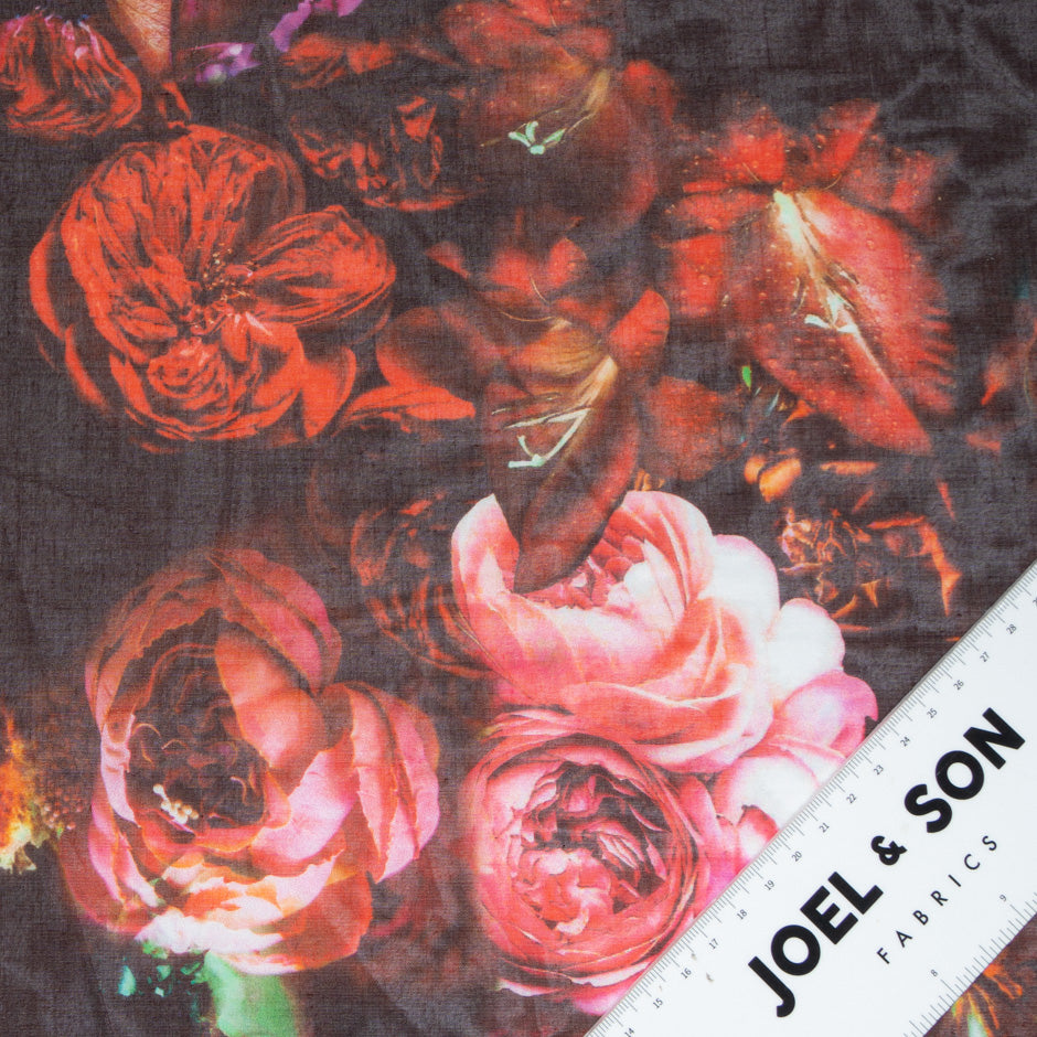 Red Floral Printed Brown Pure Cotton Voile