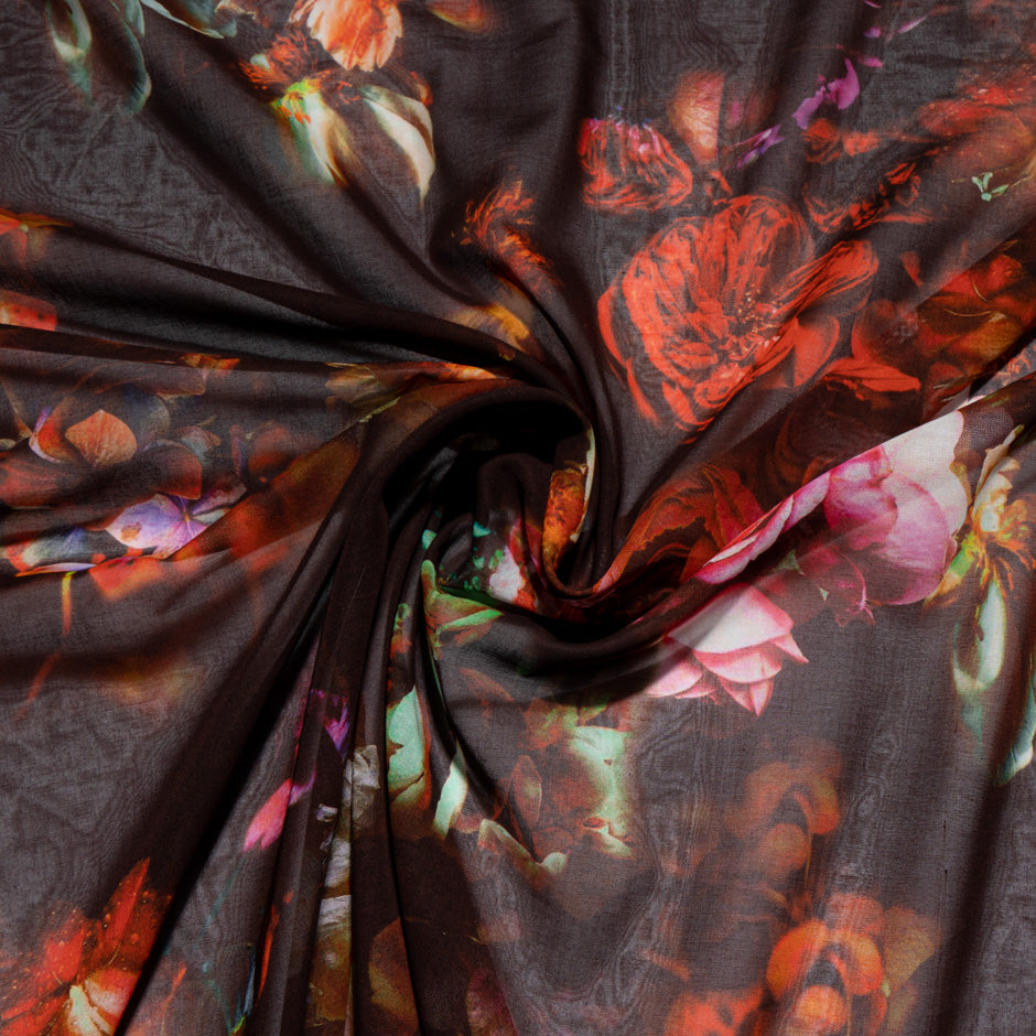 Red Floral Printed Brown Pure Cotton Voile