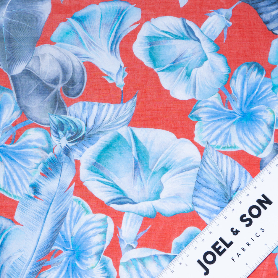Blue Floral Printed Red Pure Cotton Voile