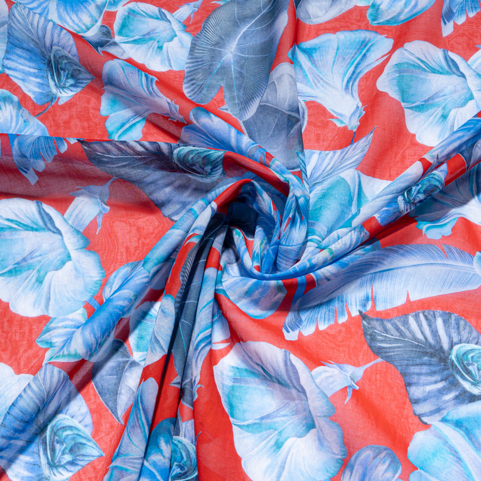Blue Floral Printed Red Pure Cotton Voile