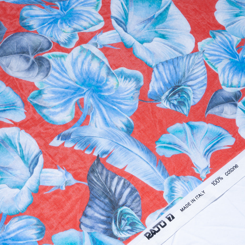Blue Floral Printed Red Pure Cotton Voile