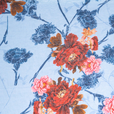Red & Pink Floral Printed Blue Pure Cotton Voile