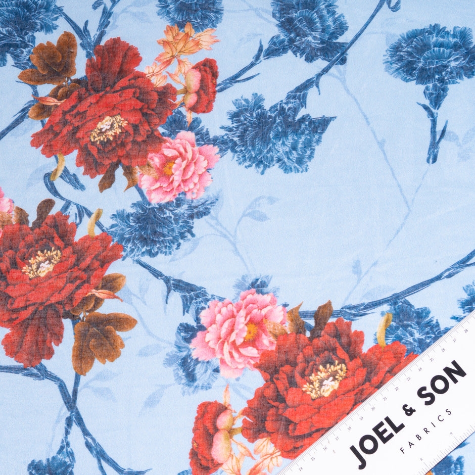 Red & Pink Floral Printed Blue Pure Cotton Voile