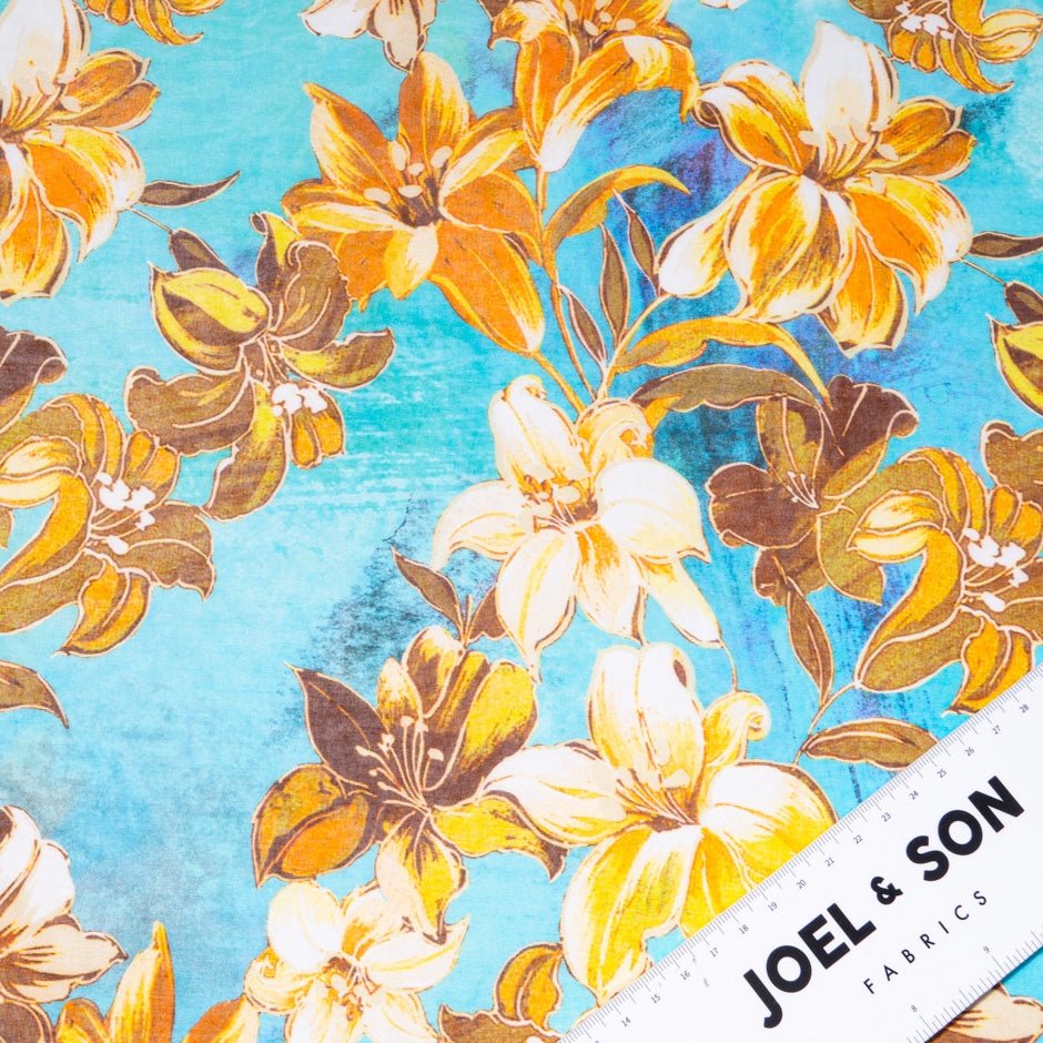 Orange Floral Printed Blue Pure Cotton Voile