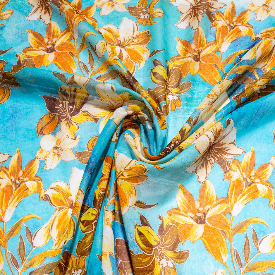 Orange Floral Printed Blue Pure Cotton Voile