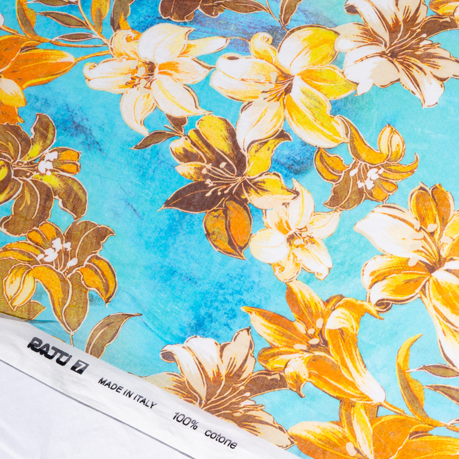 Orange Floral Printed Blue Pure Cotton Voile