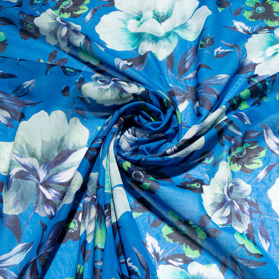 Floral Printed Deep Sky Blue Pure Cotton Voile