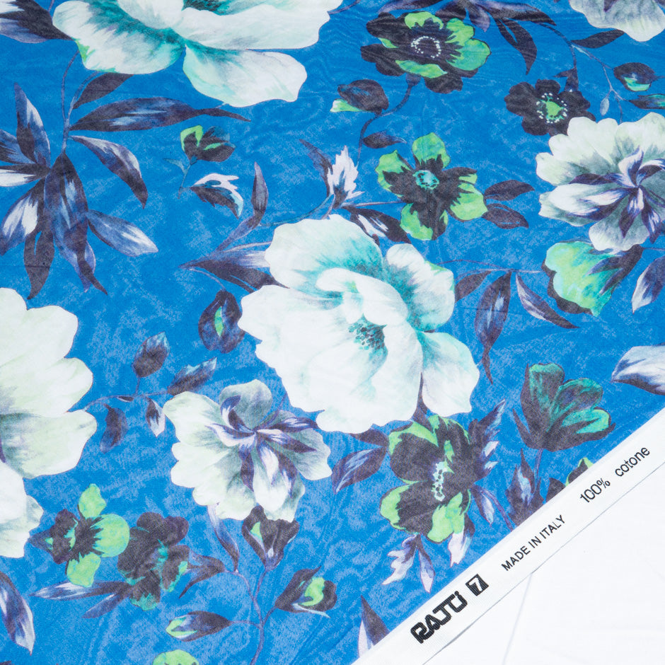 Floral Printed Deep Sky Blue Pure Cotton Voile