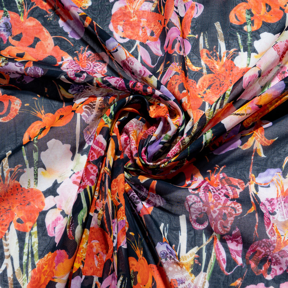 Bright Floral Printed Midnight Blue Pure Cotton Voile