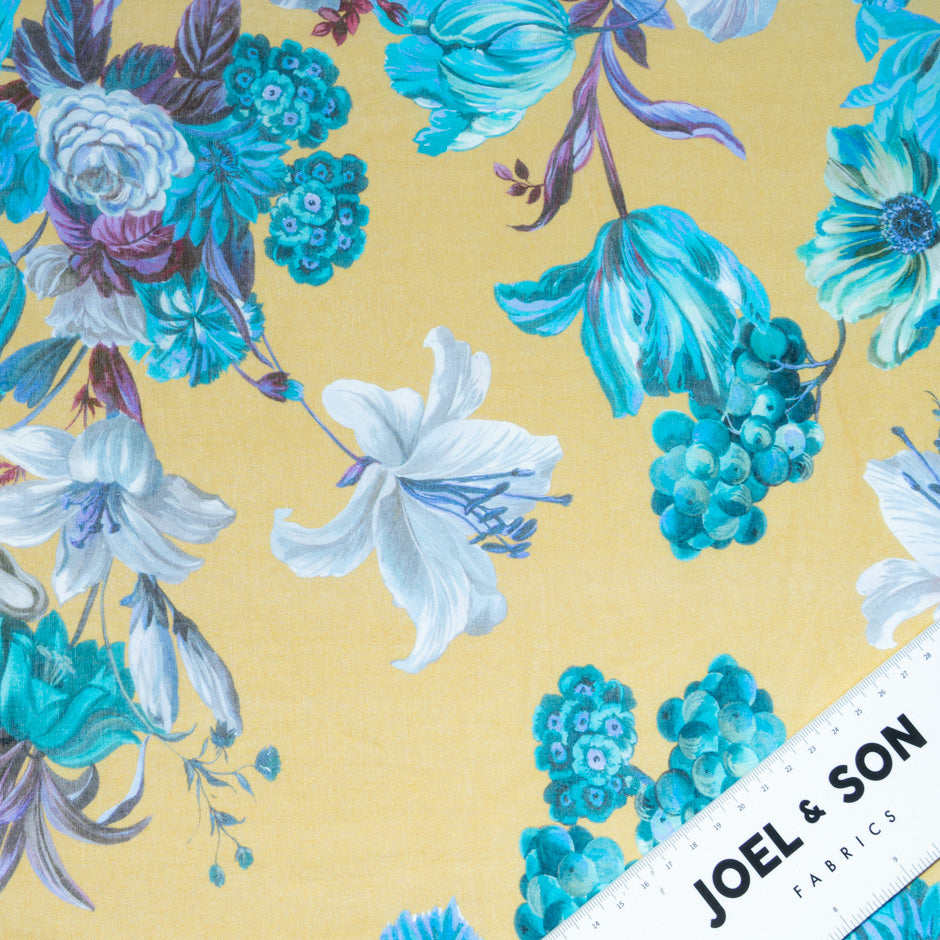 Turquoise Floral Printed Khaki Pure Cotton Voile