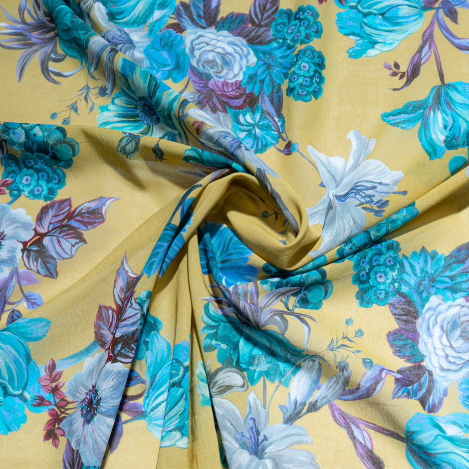 Turquoise Floral Printed Khaki Pure Cotton Voile