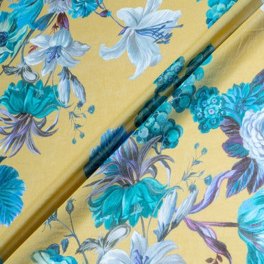 Turquoise Floral Printed Khaki Pure Cotton Voile