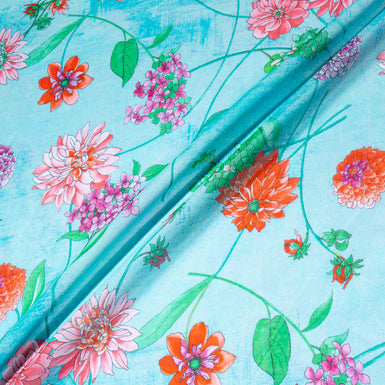 Multi Floral Printed Turquoise Pure Cotton Voile