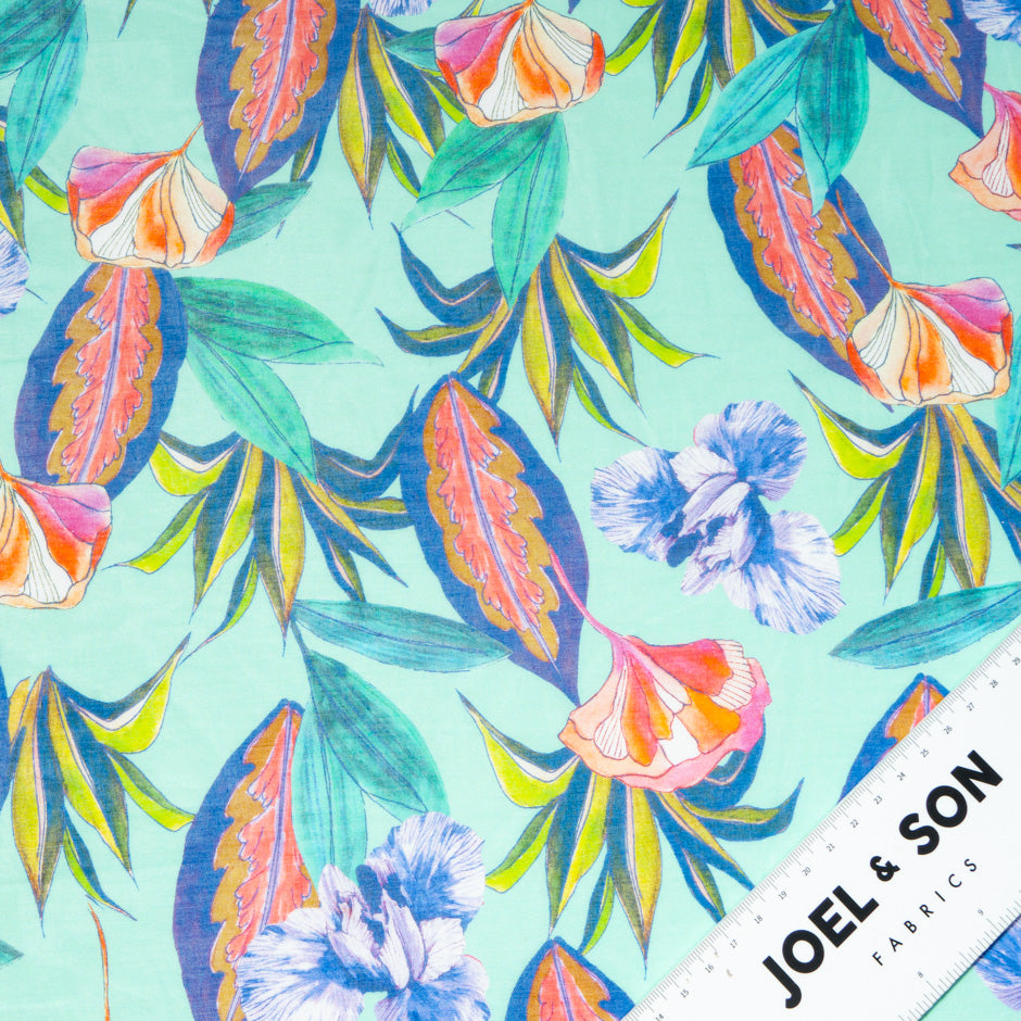 Floral Printed Aqua Blue Pure Cotton Voile
