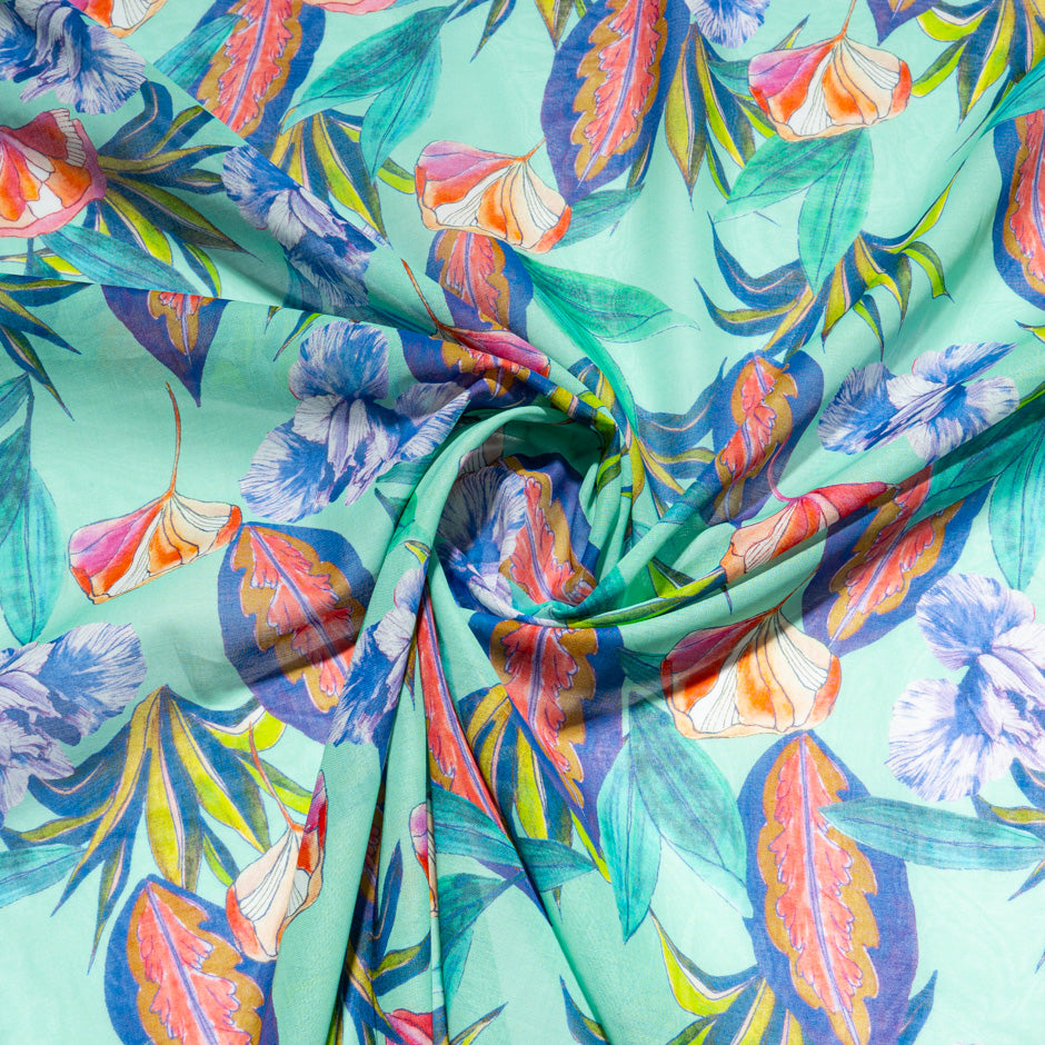 Floral Printed Aqua Blue Pure Cotton Voile