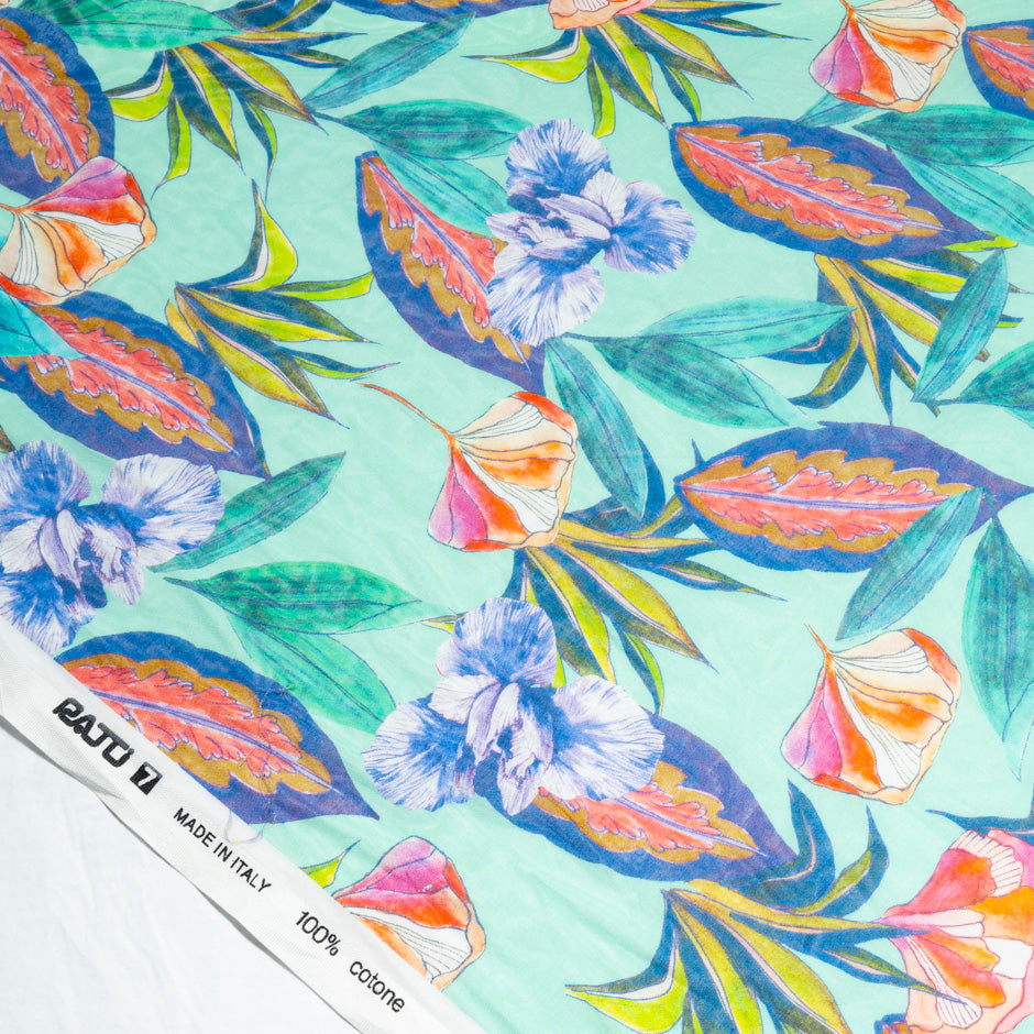 Floral Printed Aqua Blue Pure Cotton Voile