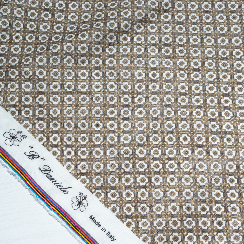 Brown Geometric Printed White Linen (A 3.15m Piece)