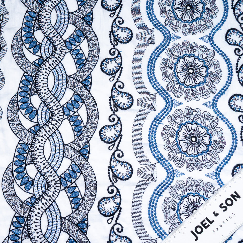 Blue Embroidered White Linen & Cotton Blend