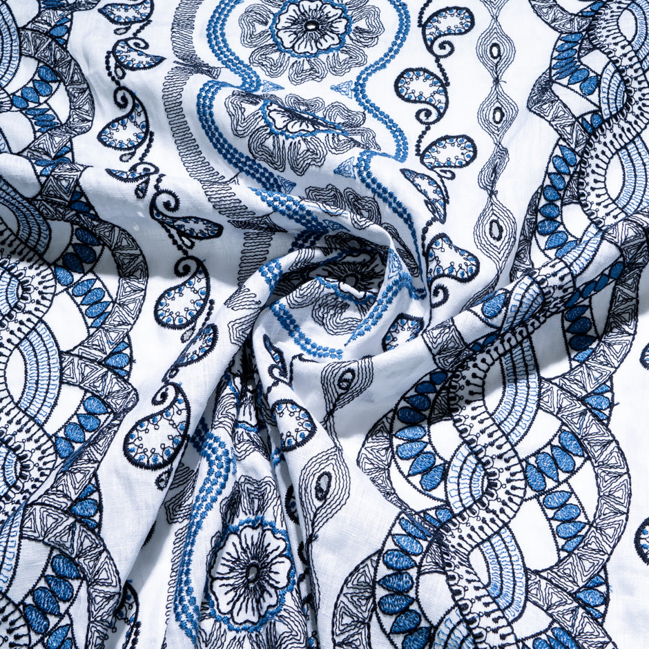 Blue Embroidered White Linen & Cotton Blend