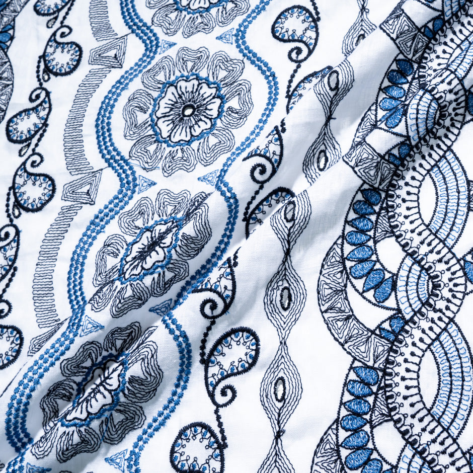 Blue Embroidered White Linen & Cotton Blend