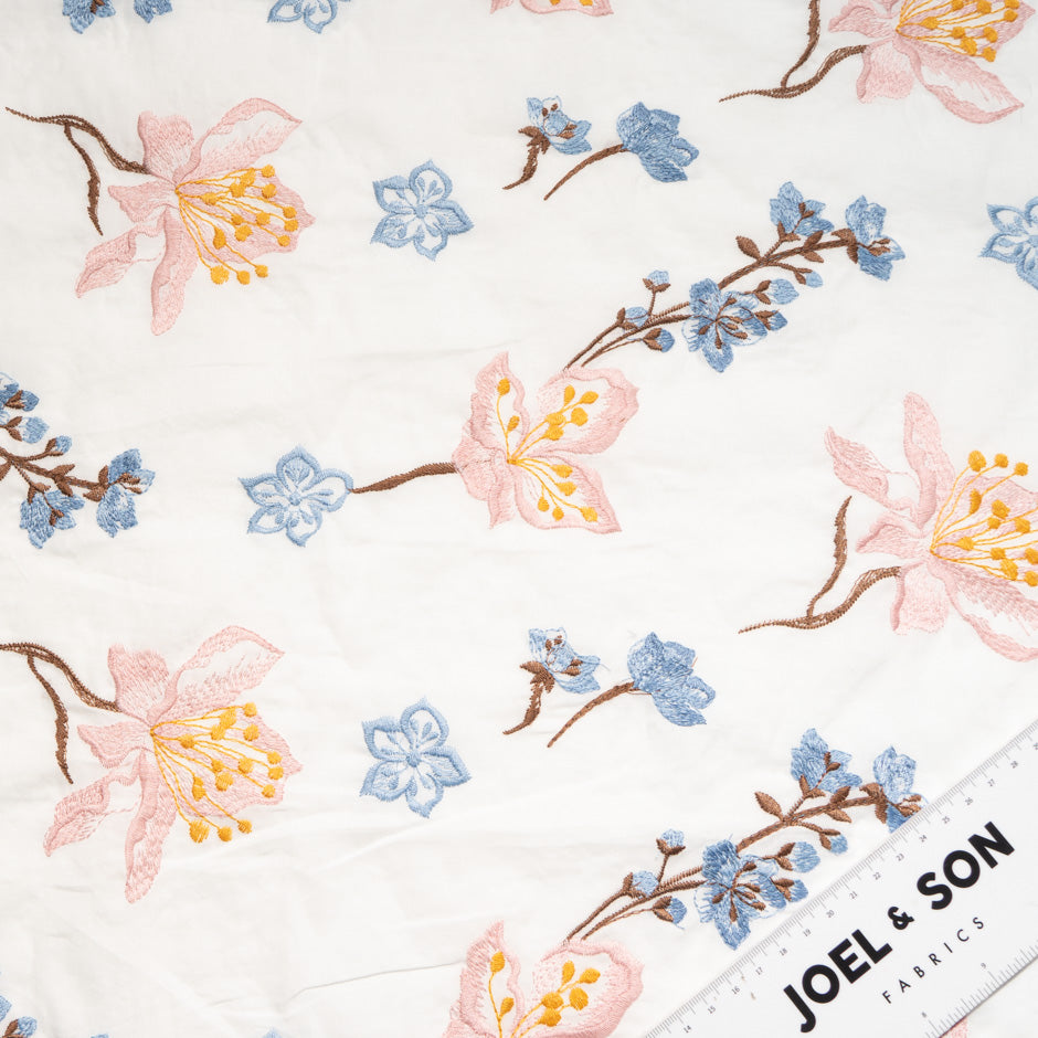 Pale Pink & Blue Floral Embroidered Cotton