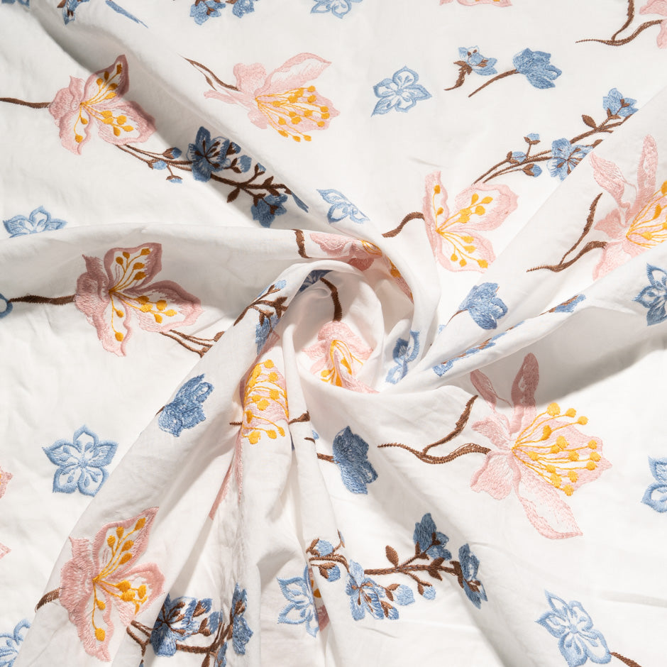 Pale Pink & Blue Floral Embroidered Cotton