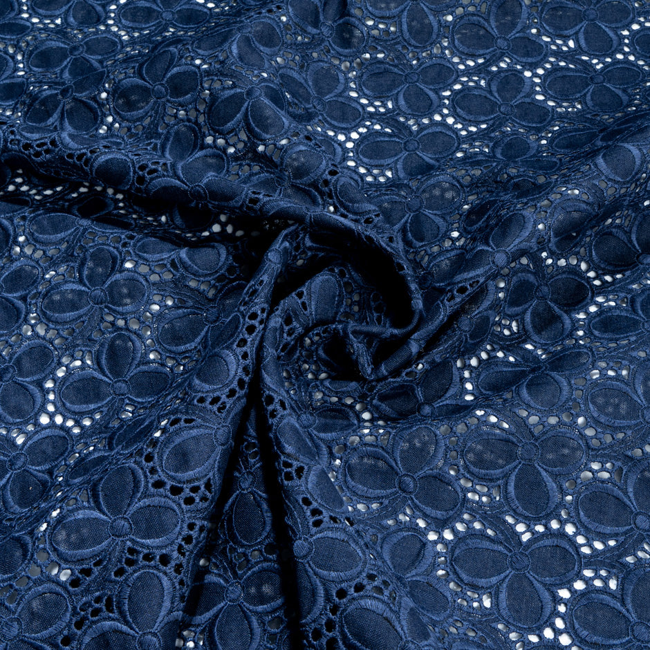 Indigo Blue Floral Broderie Anglaise Linen (A 3m Piece)