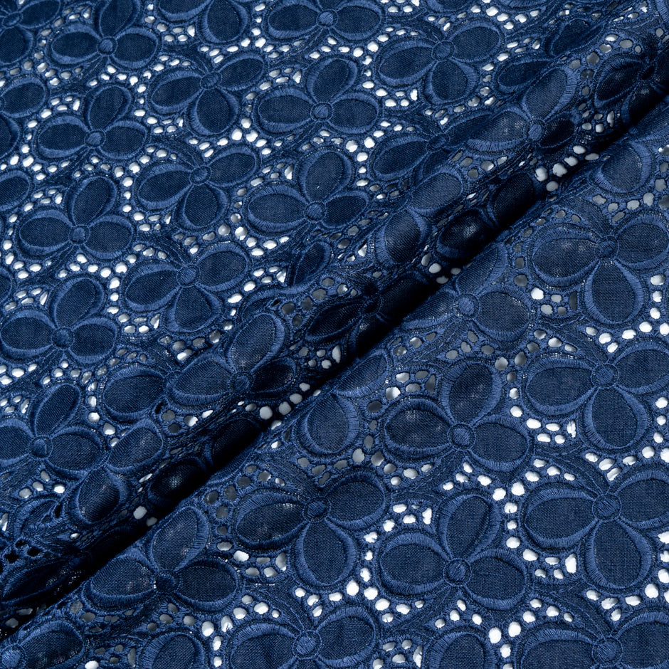 Indigo Blue Floral Broderie Anglaise Linen (A 3m Piece)