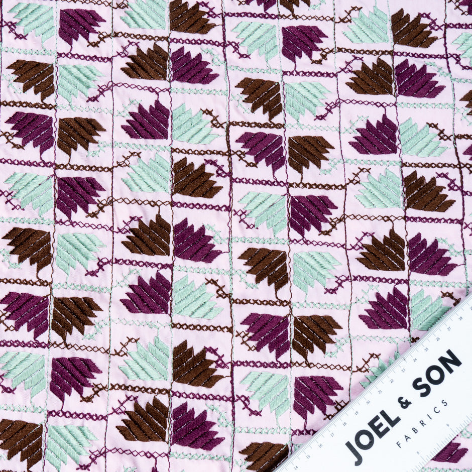 Mint, Plum & Brown Geometric Embroidered Cotton