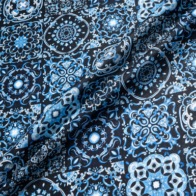 Floral 'Tile' Printed Blue Pure Cotton Shirting