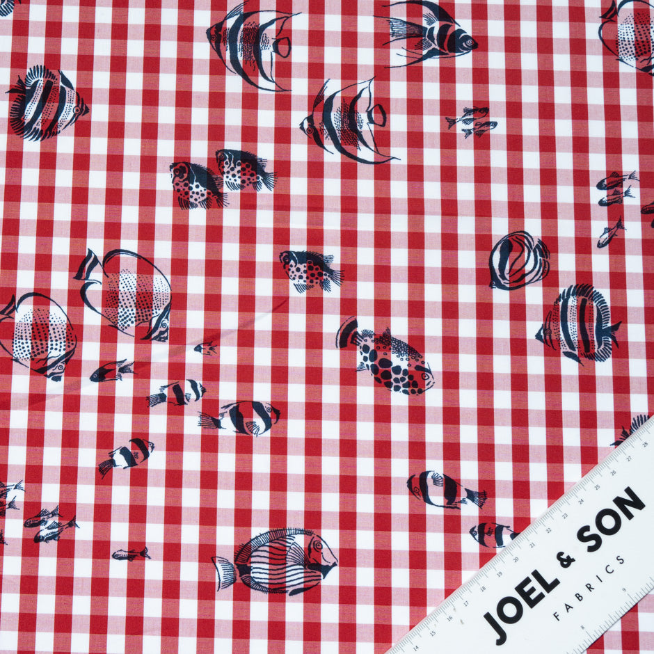Fish Printed Red & White Checkered Cotton Shirting