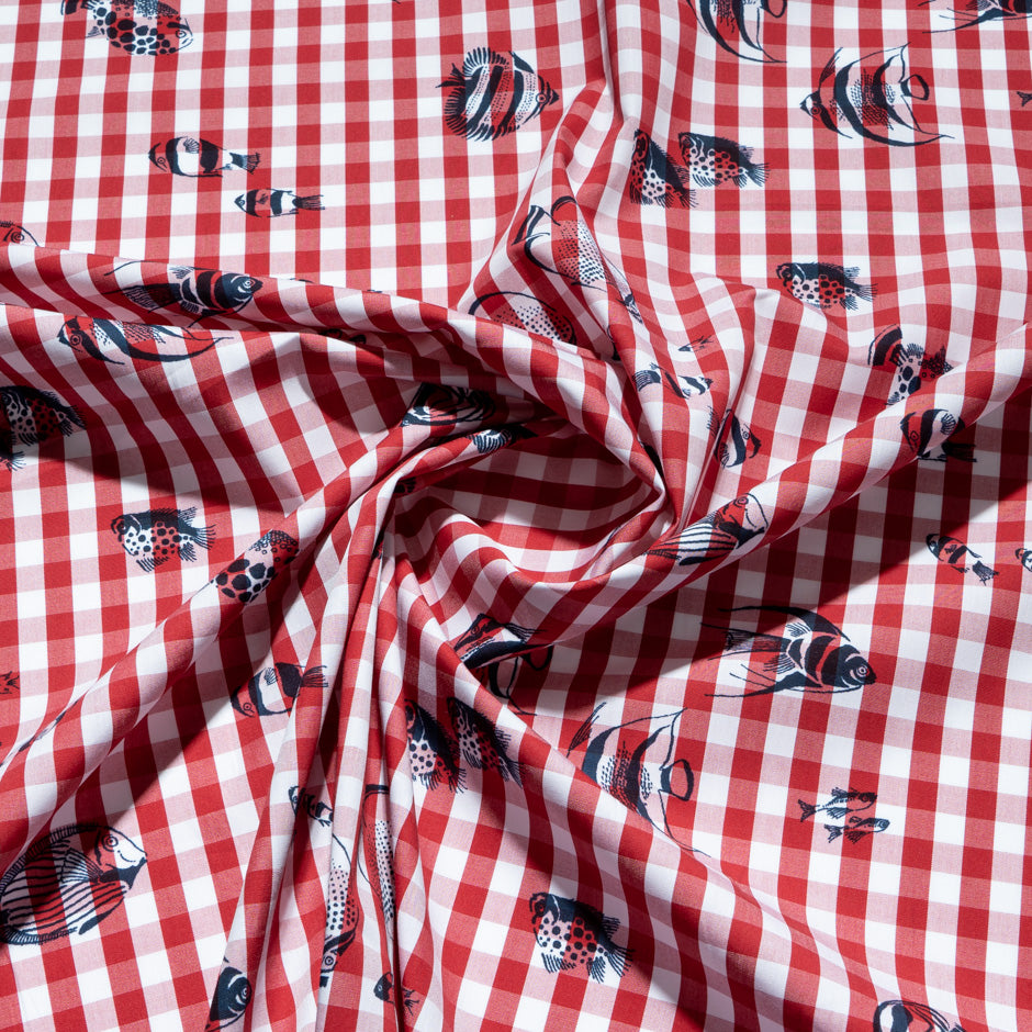 Fish Printed Red & White Checkered Cotton Shirting