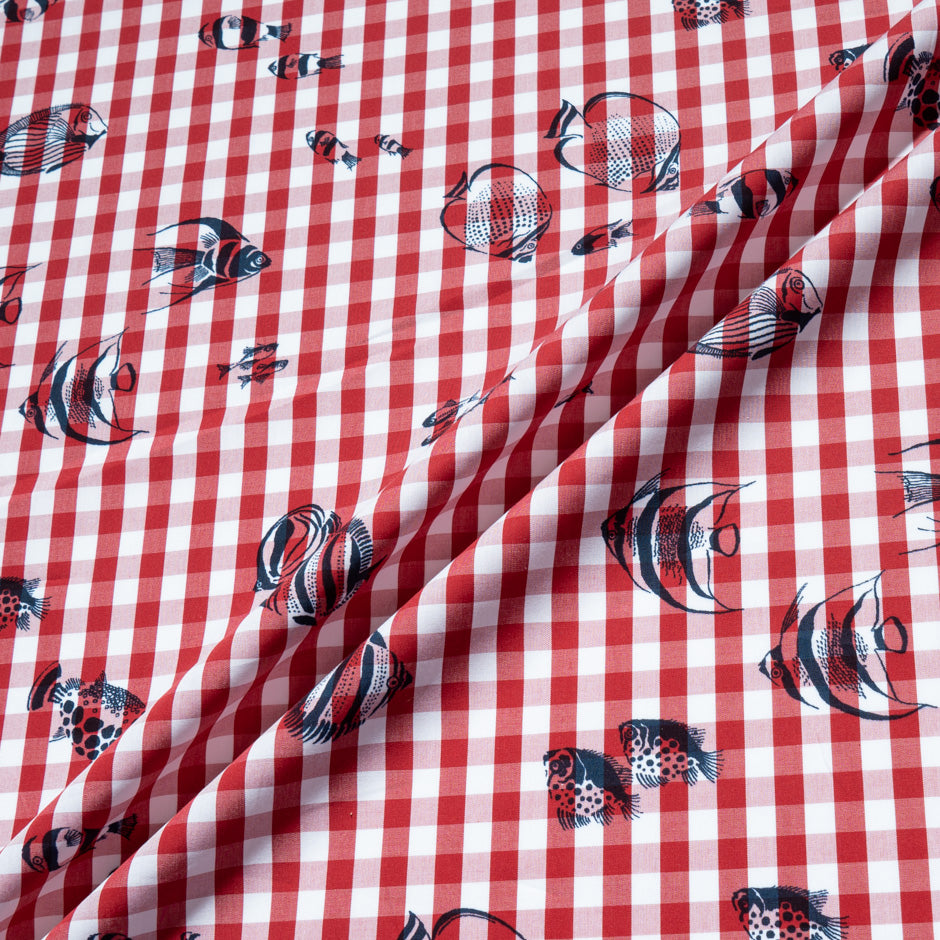 Fish Printed Red & White Checkered Cotton Shirting