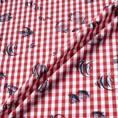 Fish Printed Red & White Checkered Cotton Shirting